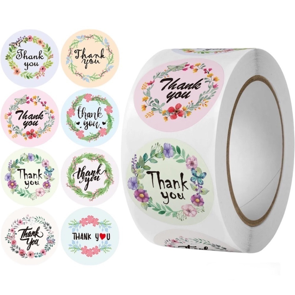 1" Round Frames Thank You Stickers Roll 8 Floral Designs NEW